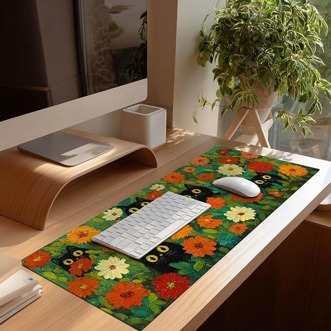 Mouse Pad Gaming Mousepad 31.5 x 11.8 Inch Large Keyboard Desktop Mat Diatomite XL Mouse Pad for Home and Office Desk Accessories with Colorful Floral Garden Cat Artwork