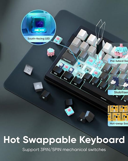 RedThunder K95 Wireless Mechanical Keyboard,TFT Screen & Knob, Trip-Modes Connection, Gasket Custom Hot-Swap Keyboard, RGB Backlit, Pre-lubed Linear Switches, Side Printed PBT Keycaps, Gray Gradient