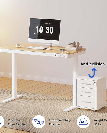 FLEXISPOT Comhar Electric Standing Desk with Drawer Desktop & Adjustable Frame w/USB Charge Ports (Bamboo-Look Laminate/White, Wood)