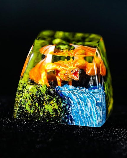 Orange Dragon with Waterfall Artisan Keycap R1 SA Profile Custom Fantasy Dragons Keycaps 1U ESC Handmade Gaming Resin Key cap Cherry MX Switch Compatible Mechanical Keyboard Gift for Dragon Lover