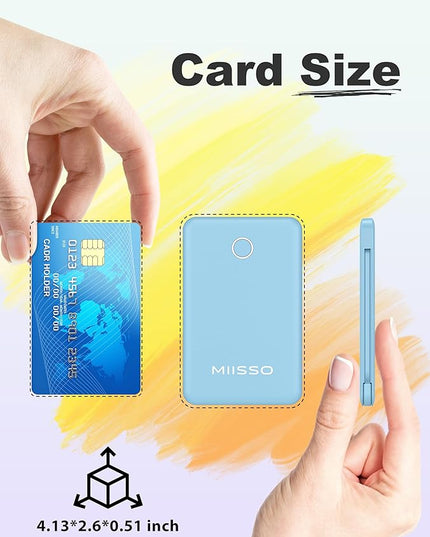 6000mah Ultra Slim Built in Cables Power Bank, Card Size Built in USB C Cords Battery Pack Portable Charger for Phones, 3 Output External Battery Pack Compatible with iPhone, Blue
