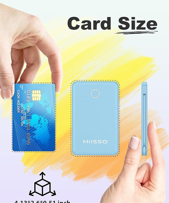 6000mah Ultra Slim Built in Cables Power Bank, Card Size Built in USB C Cords Battery Pack Portable Charger for Phones, 3 Output External Battery Pack Compatible with iPhone, Blue