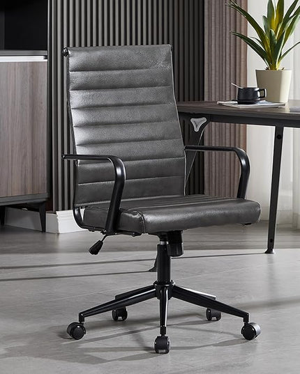 Okeysen Genuine Leather Office Desk Chair, Mid-Century Modern Real Leather Conference Room Chairs, Ergonomic Executive Ribbed Height Adjustable Swivel Rolling Chair for Home Office.