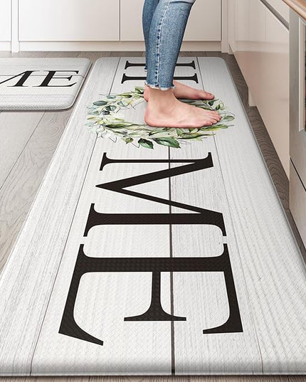 KIMODE Anti Fatigue Kitchen Mats for Floor, Farmhouse Kitchen Rugs Sets of 2, Cushioned Kitchen Floor Mats, Comfort Standing Mats for Sink, Laundry, Office, Desk White 20"x47"+20"x32"