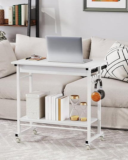 Tangkula Rolling Computer Desk Cart with Keyboard Tray, Mobile Portable Laptop PC Desk with CPU Stand & 3 Hooks for Sofa & Bed, Industrial Small Desk on Wheels for Small Spaces (White)