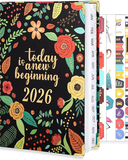 2026 Planner, Weekly and Monthly Planner, January 2026 - December 2026, Calendar Planner A5 (6.5" x 8.5") with Tabs, Inner Pocket for Home School Office Supplies, Black Flower