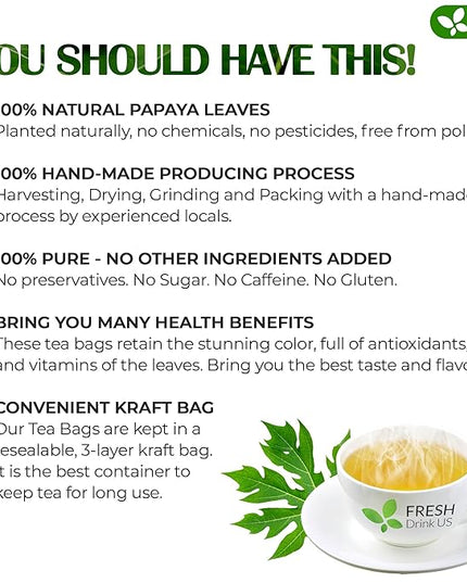 FreshDrinkUS, Premium 75 Papaya Leaf Tea Bags, 100% Natural & Pure from Papaya Leaves. Loose Leaf Herbal Tea. Made with Natural Material Tea Bags. No Sugar, No Caffeine, No Gluten, Vegan.