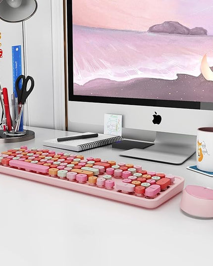 KOOTOP Cute Pink Wireless Keyboard and Mouse, 2.4G Retro Round Keycap for PC, Mac, Laptop, Tablet, Computer Windows
