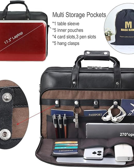 Masa Kawa Leather Briefcase for Men 17/15.6" Laptop Crossbody Shoulder Messenger Bag Business Travel Work Attache Case