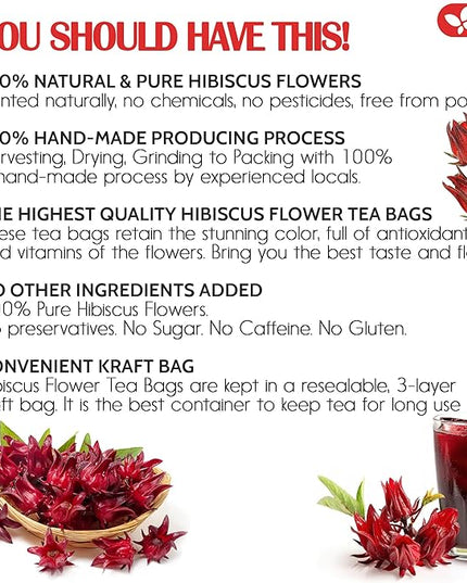FreshDrinkUS, Premium 30 Hibiscus Flowers Tea Bags, 100% Natural & Pure from Hibiscus Flowers. Loose Flower Herbal Tea. No Sugar, No Caffeine, No Gluten, Vegan.