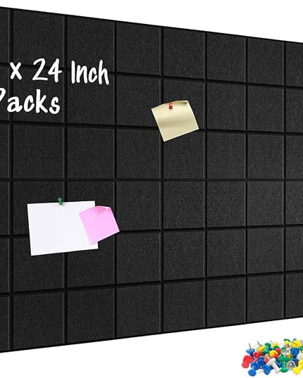 DOLLAR BOSS Felt Cork Board Tiles, 6 Packs 12" x 12" 1/2" Thick Bulletin Board Adhesive Acoustic Panels Soundproof Corkboards for Walls with 60 Pushpins for Home Office Kitchen School, Grid