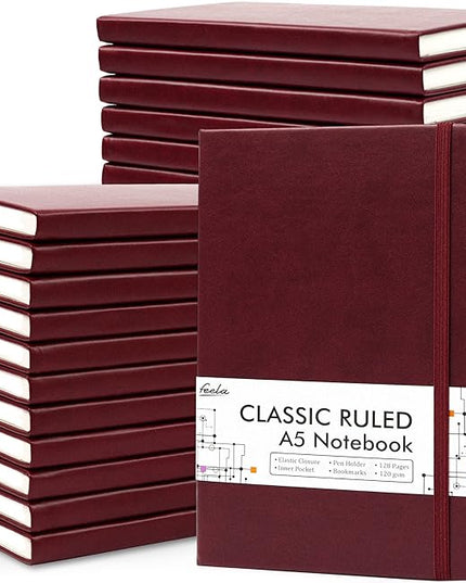 feela 24 Pack Journal Notebook for Work, Business Notebook Bulk Hardcover Lined Writing Journal with Pen Holder for Men Women Note Taking, with 24 Black Pens, 120 GSM, 5.1”x8.3”, A5, Wine