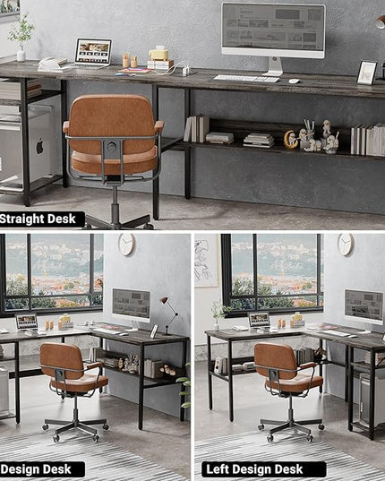 Unikito Reversible L Shaped Desk with Magic Power Outlets and USB Charging Ports, Sturdy Corner Computer Desk with Storage Shelves, Gaming Desk for Home Office, Easy to Assemble, Black Oak