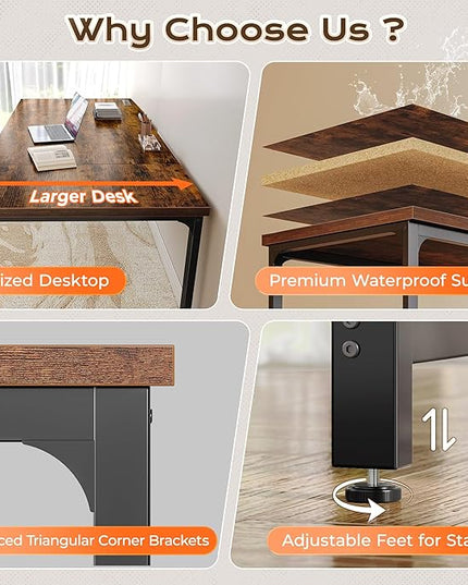 Huuger 71 x 31.5 Inch Desk with Power Outlets & USB-C, 0.95 Inch Thicker Desktop, Robust Metal Tubes, Deep Computer Desk, Heavy Duty Office Desk, Work Desk for Home Office, Rustic Brown
