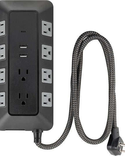 GE UltraPro 10-Outlet Surge Protector with USB, 2 USB-A, 1 USB-C, 4 Ft Braided Extension Cord, Multi Plug Outlet Extender, Adapter Spaced, Flat Plug, 3540 Joules, Charging Station, Black, 81785