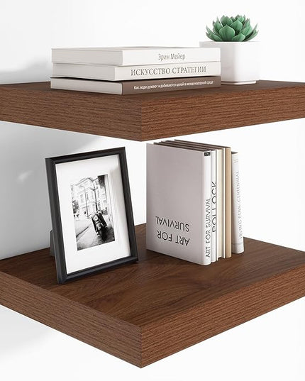 Heimlove 12 Inch Deep Floating Shelves, 16 x 12 inches Long Wall Shelf, Large Extra Display Shelf & Storage Shelf, Rustic Wood Wall Shelves for Fireplace Mantel, Walnut - 2Pack