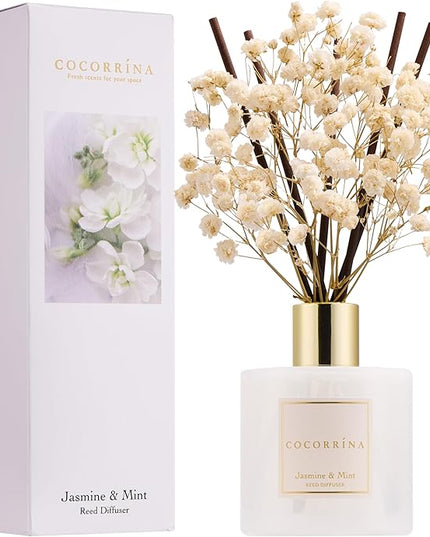 COCORRÍNA Reed Diffuser - Jasmine & Mint 6.7 Fl.oz Reed Diffuser Set with Sticks & Preserved Baby's Breath, Reed Diffuser for Home Bathroom Shelf Decor