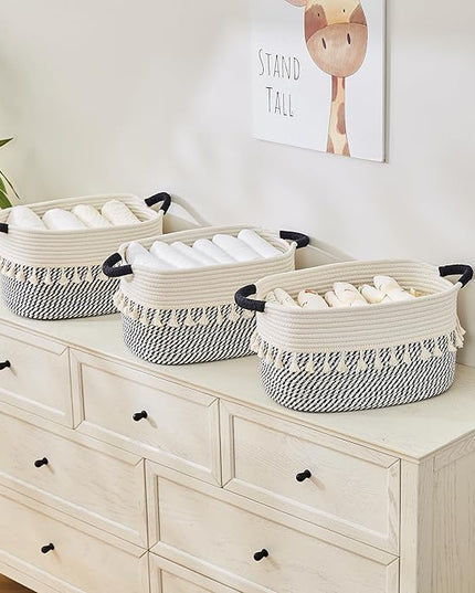 Storage Bins Woven Baskets for Storage Set of 3, Cotton Rope Basket with Handles for Toys/Shelves/Laundry, Rectangle Multi-Purpose Organizer for Living Room, Bedroom, Nursery (White/Black)