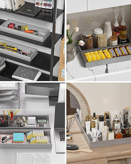 Bamboo Drawer Organizer, Extra Large Silverware Organizer for Kitchen Drawer, Stackable Utensil Organizer, 2 Pcs Toilet Tank Topper Tray, Wooden Toilet Paper Basket (Silver, 17 X 6 X 2 Inch)