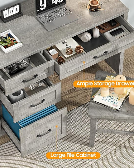 Vabches Farmhouse 47" Executive Desk with File Drawer, Workstation for Home Office, Study, Writing,Wood Computer Desk with 3 Storage Drawers .(Grey)
