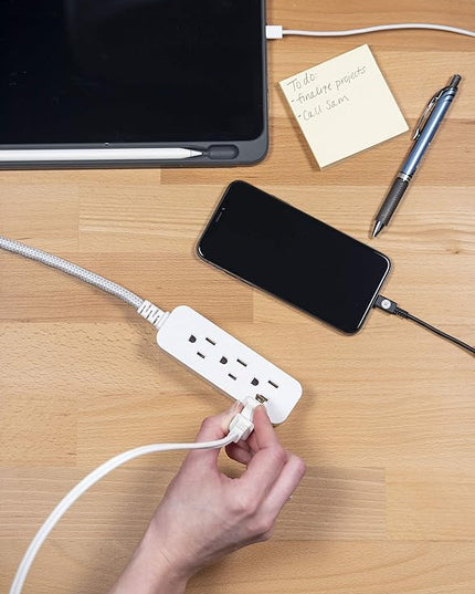GE Designer 3-Outlet Power Strip, 1 Ft Braided Extension Cord, 3 Grounded Outlets, Flat Plug, Mini Cord, Premium, White, 45190 (Pack of 12)