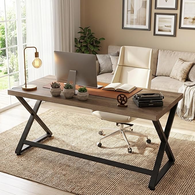 IBF 47 Inch Computer Desk, Rustic Home Office Desk for Writing, Industrial Wood Metal Executive Work Study Desk, Modern Simple PC Gaming Computer Table for Study Workstation, Rustic Oak
