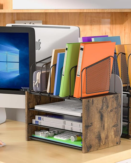 4-Tier Desk Organizer, Desk File Organizer with 5 Vertical File Holders, Office Desktop Organizer with 3 Level Paper Organizer Letter Tray, Wooden Desk Organizers and Accessories for Home Office