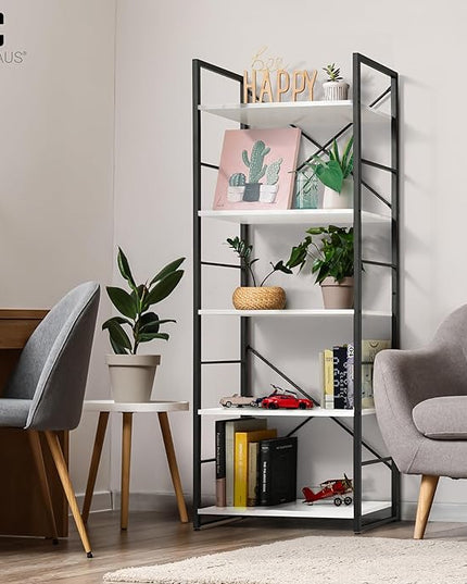 CAPHAUS 5 Tier Bookshelf, 24 Inch Width Free Standing Shelf, Bookcase Shelf Storage Organizer, Industrial Book Shelves for Home Office, Living Room, Kitchen, White Shelves & Metal Frame