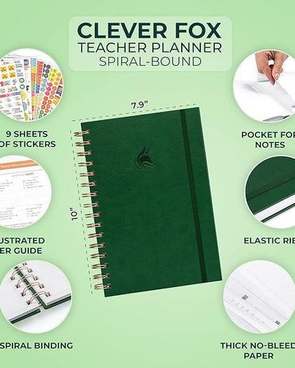 Clever Fox Teacher Planner Spiral – School Year Planner with Calendars & Lesson Plans – Teacher Plan Book for Classroom & Homeschool Organization - Undated, 7.9x10″ (Dark Green)