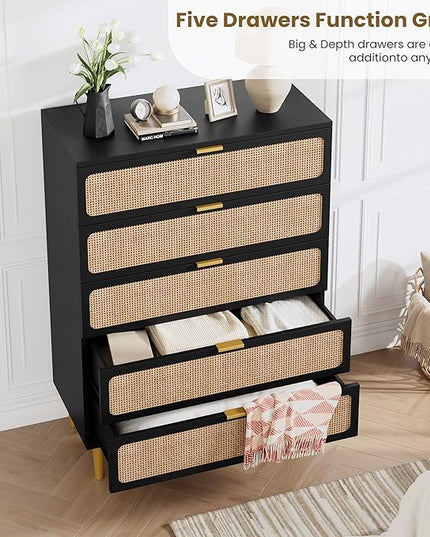 Garvee Rattan Dresser with 5 Drawers, Tall Modern Closet with Deep Storage, Large Chest of Drawers with Wide Top, Long Wooden Dresser for Bedroom, Living Room, Hallway, Kids Room, Black