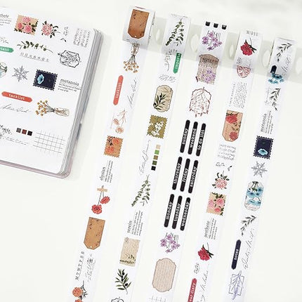 WT Seasonal Splendor Washi Tape Sticker Set, 5 Rolls, Original Designs, Vintage Watercolor Floral Design, Adhesive Stickers for Junk Journals, Scrapbooks, Bujo, Planners, DIY Crafts
