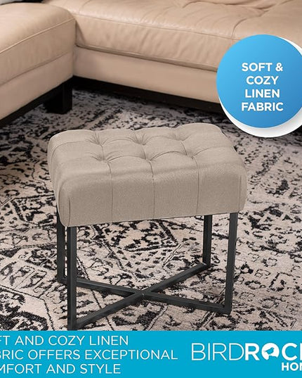 BIRDROCK HOME Rectangular Tufted Foot Stool Ottoman with Soft Padded Cushion - Versatile Vanity Chair for Bedroom, Living Room, Bathroom - Compact Seating for Adults - Beige with Black Metal Legs