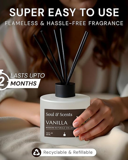 Soul & Scents Reed Diffuser Set – Vanilla | 7.43 oz Refillable Scented Oil with 6 Fiber Sticks | Long-Lasting Home Fragrance & Air Freshener for Bedroom, Bathroom, Office | Gift & Décor Piece