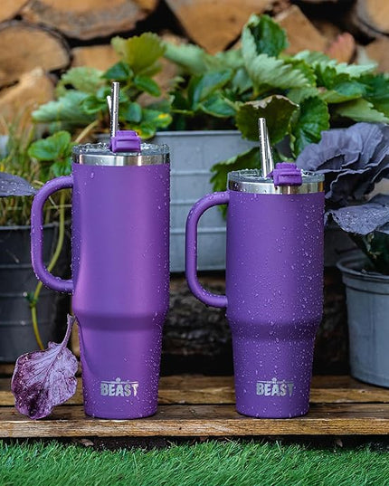 Beast 42 oz Tumbler with Handle Stainless Steel Vacuum Insulated Coffee Ice Cup Double Wall Travel Flask (Deep Purple)