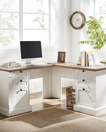 OKD 60" L Shaped Executive Desk with Drawers, Farmhouse Home Office Desk with Charging Station, File Cabinet Storage, Wood Corner Computer Desk for Work and Study, Antique White