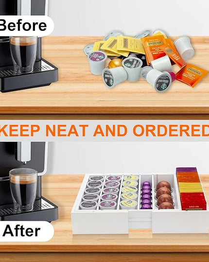 MinBoo Bamboo Drawer Organizer - Expandable K Cup & Pods Holder, Coffee Pod Storage, Tea Organizer, Versatile Kitchen Accessory Organization and Storage,White