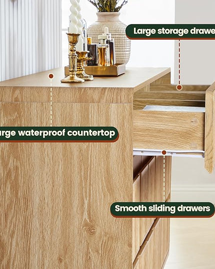Fluted 9 Drawer Dresser for Bedroom, 60" Wide Modern Chest of Storage Drawers, Wood Dresser & Chest of Drawers with Curved Corners, Dressers TV Stand for Living Room (60" Natural 9 Drawer)