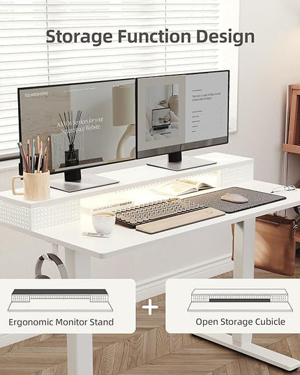 Claiks Electric Standing Desk with Shelf, 55 Inch Height Adjustable Standing Desk with LED Lights & Monitor Stand, White Frame/White Top