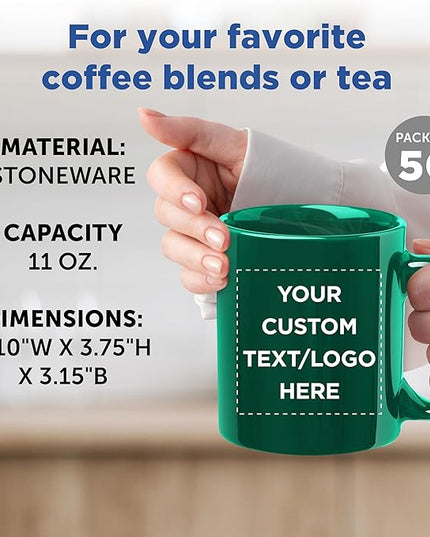 Custom Ceramic Coffee Mugs 11 oz. Set of 50, Personalized Bulk Pack - Coffee cup set, Iced coffee cup, Gaming mug - Green