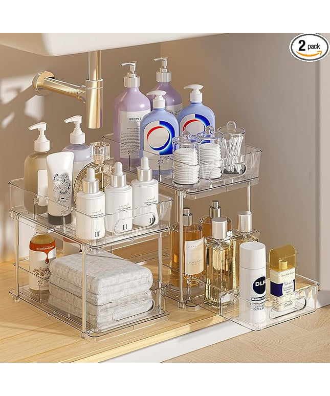 Delamu 2 Tier Snap-Lock Bathroom Under Sink Organizers and Storage, Multi-Purpose Cabinet Drawers with Movable Dividers, Pull Out Organization for Countertop, Kitchen and Pantry(Clear, 2 Pack)