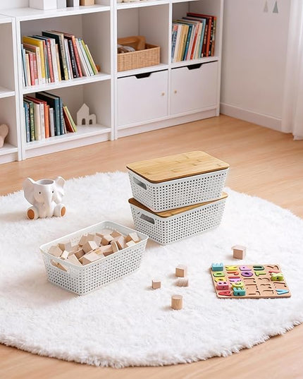 Storage Bins with Lids 8 Packs, Plastic Storage Bins with Bamboo Lids for Pantry Organization and Storage Containers for Shelves Drawers Desktop Closet Playroom Classroom Office Home, White