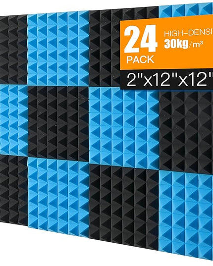 Sound Proof Foam Panels for Wall 24 Pack Acoustic Panels Sound Absorbing 2" X 12" X 12" Fire-Proofed Soundproofing Foam High Density Sound Dampening Panels for Room Studio Pyramid Blue Black