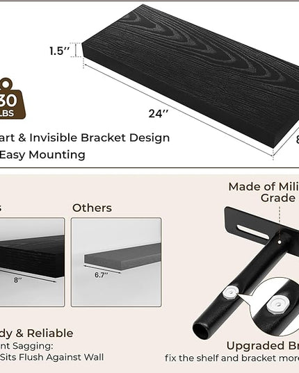RICHFOCUS 24Inch Floating Shelves for Wall 2 Pack Shelves for Bedroom|Kitchen|Bathroom Wall Mounted Rustic Wood Floating Shelf with Invisible Brackets for Books|Storage|Decor, Black