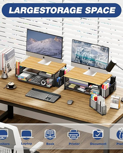 OPNICE Desk Organizers and Accessories, 2-Tier Computer Monitor Stand with Drawer and 2 Pen Holders, Laptop Stand, Office Desk Accessories for Office Supplies, Oak