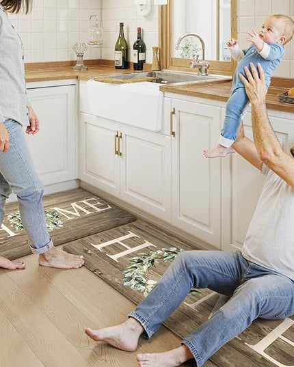 KIMODE Anti Fatigue Mats for Kitchen Floor,Farmhouse Rugs Sets of 2,Cushioned Carpet Non Slip for Laundry,Memory Foam Runner for Sink Office,Khaki 20"x47"+20"x32"