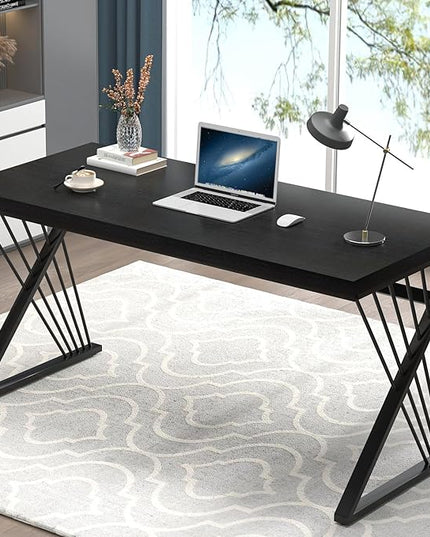 FOLUBAN Black Desk, Modern Wood and Metal Computer Desks for Home Office, Simple Writing Work PC Desk for Bedroom, Industrial Study Gaming Table for Living Room, 60 Inch