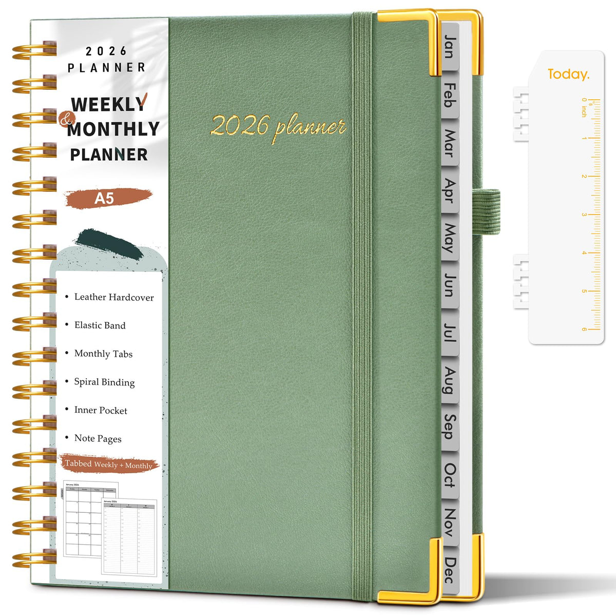 2026 Planner, Weekly and Monthly Calendar Planner from January 2026 - December 2026, 5.75" x 8.38" Hardcover Leather Hourly Appointment Book with Tabs, A5 Spiral Daily Planners for College School Work Home, Green
