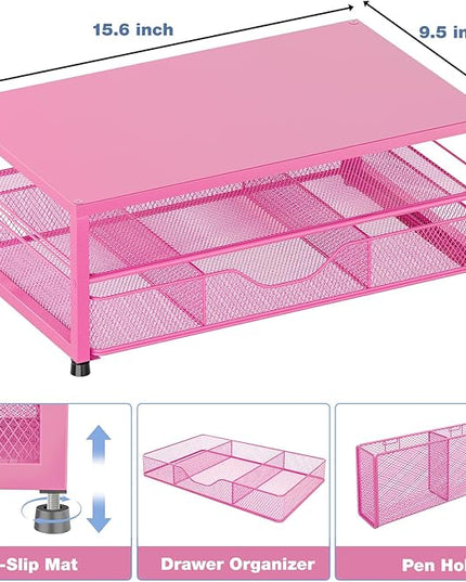 OPNICE Desk Organizer and Accessories, 2-Tier Computer Monitor Stand with Drawer and 2 Pen Holders, Laptop Stand, Office Desk Accessories for Office Supplies, Carmine Rose