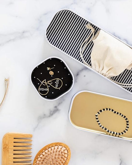 Three by Three Seattle 6 Piece Shallow Metal Organizer Tray Set for Storing Makeup, Stationery, Utensils, and More in Office Desk, Kitchen and Bathroom Drawers (1 Inch, Gold Dots and Stripes)