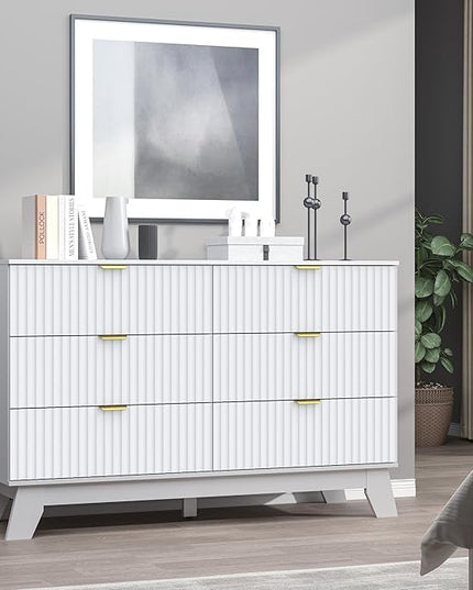BORNOON Fluted 6 Drawer Dresser, 47.2" Wide Modern Boho Chest of Drawers, Wooden Storage Dresser TV Stand for Bedroom, Living Room, Closet, Hallway, Curved Profile Design
